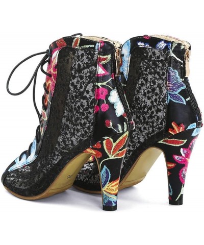 10CM/3.93IN High-Heeled Sandals Women's Thick-Heeled Lace-Up Printed Cheongsam Fish Mouth Embroidered Boots Sandals Black $27...