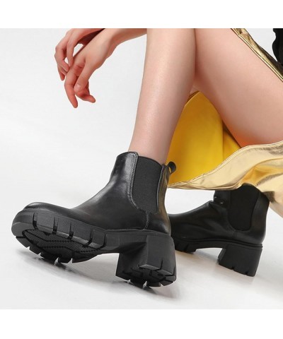 Women's Chelsea Boots Comfortable Slip On Elastic Block Heel Platform Lug Sole 2023 Fall Winter Fashion Ankle Booties Black $...