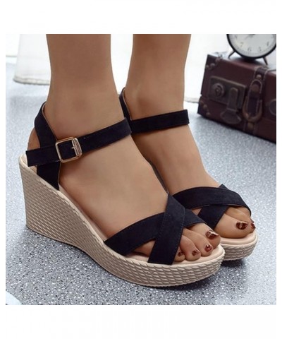 wedge sandals casual summer Womens Wedge Sequin Buckle Sandals Block Heel Shiny Open Toe Prom Block Heel Sandals Z 05-black $...