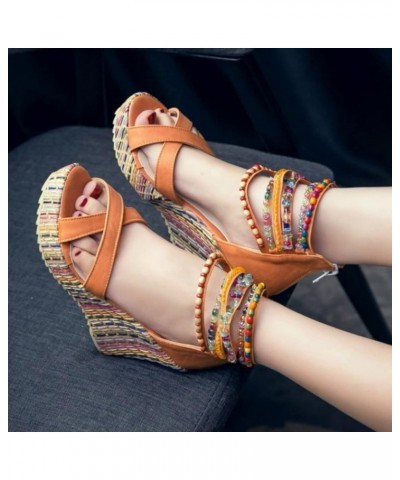 Women's Wedge Sandals With Pearls Across The Top Platform Sandals High Heels Platform Sandals Bohemian Shoes Heeled Sandals f...