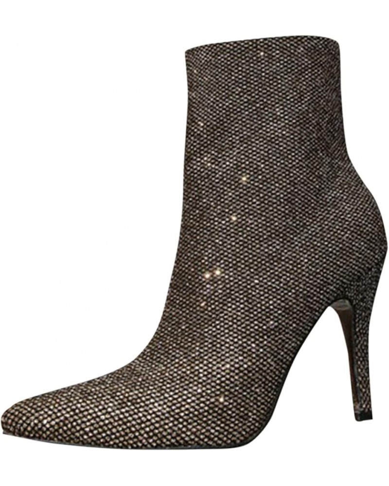 Rhinestone Ankle Boots For Women Fashion Stiletto Heels Short Boots Side Zipper Sparkly Glitter Party Dress Boots Brown $23.7...