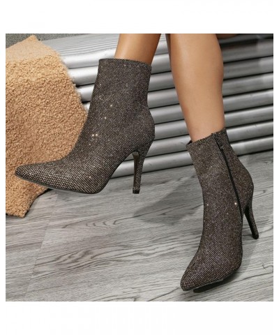 Rhinestone Ankle Boots For Women Fashion Stiletto Heels Short Boots Side Zipper Sparkly Glitter Party Dress Boots Brown $23.7...