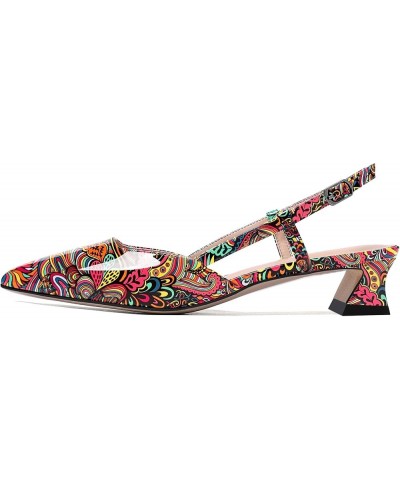 Womens Night Club Buckle Pointed Toe Dress Patent Slingback Kitten Low Heel Pumps Shoes 1.5 Inch Colorful Graffiti $32.67 Pumps