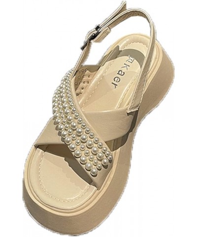 Womens Elegant Pearl Open Toe Ankle Buckle Strap Platform Sandals Summer Relaxed Classic Flat Roman Sandal Beige $22.05 Sandals