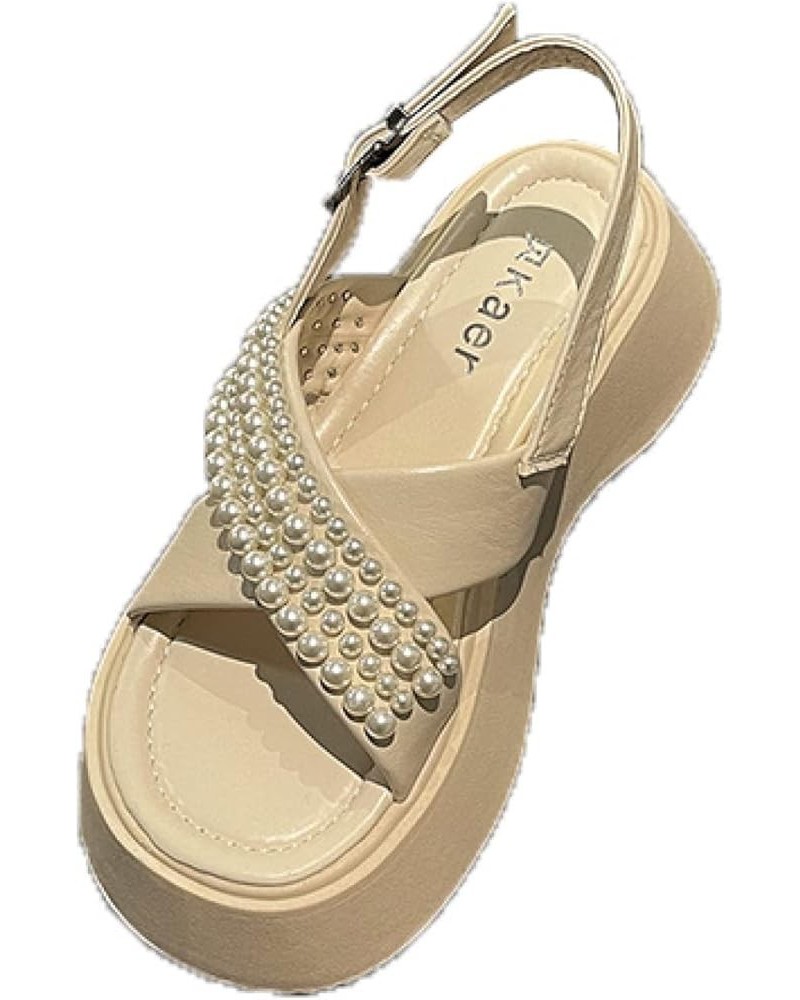 Womens Elegant Pearl Open Toe Ankle Buckle Strap Platform Sandals Summer Relaxed Classic Flat Roman Sandal Beige $22.05 Sandals