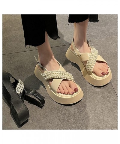 Womens Elegant Pearl Open Toe Ankle Buckle Strap Platform Sandals Summer Relaxed Classic Flat Roman Sandal Beige $22.05 Sandals