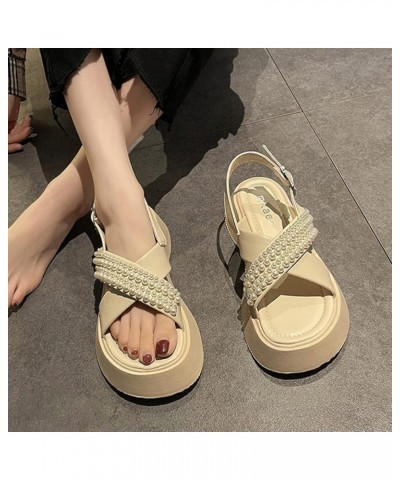 Womens Elegant Pearl Open Toe Ankle Buckle Strap Platform Sandals Summer Relaxed Classic Flat Roman Sandal Beige $22.05 Sandals