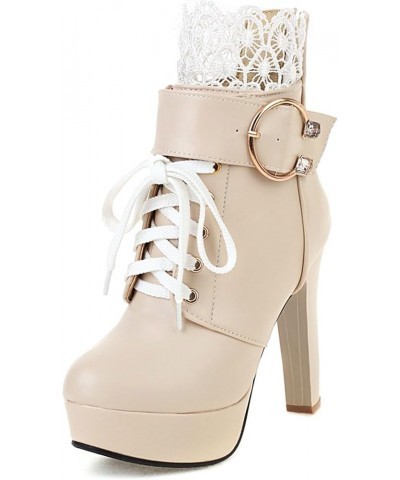 Lace Chunky High Heels Ankle Boots for Women Platform Combat Boots Lace-up Block Heeled Biker Booties with Buckle Beige $22.5...