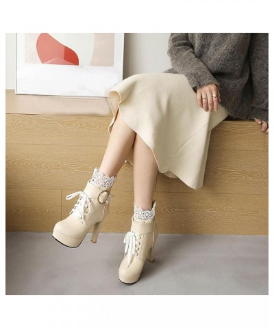 Lace Chunky High Heels Ankle Boots for Women Platform Combat Boots Lace-up Block Heeled Biker Booties with Buckle Beige $22.5...