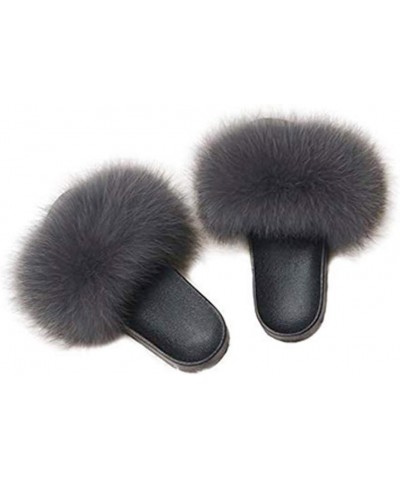 Women Real Fox Fur Slippers Summer Feather Open Toe Single Strap Slip On Sandals Grey $16.00 Slippers