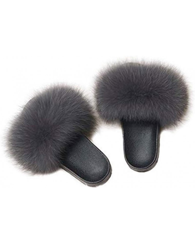 Women Real Fox Fur Slippers Summer Feather Open Toe Single Strap Slip On Sandals Grey $16.00 Slippers