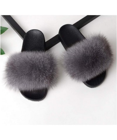 Women Real Fox Fur Slippers Summer Feather Open Toe Single Strap Slip On Sandals Grey $16.00 Slippers