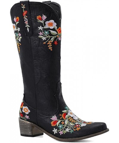 Cowboy Boots for Women Rhinestone Embroidered Square Toe Pull-On Cowgirl Stacked Chunky Heel Knee High Western Boots Black-fl...