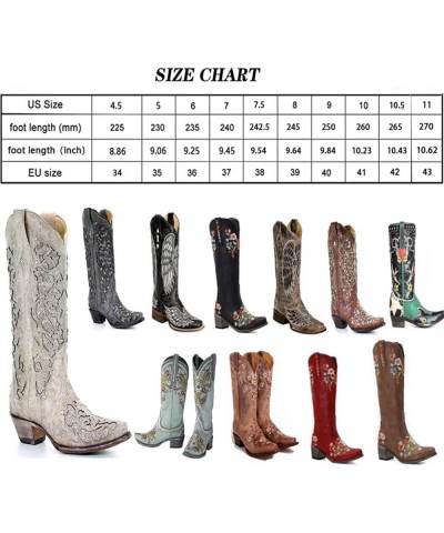 Cowboy Boots for Women Rhinestone Embroidered Square Toe Pull-On Cowgirl Stacked Chunky Heel Knee High Western Boots Black-fl...