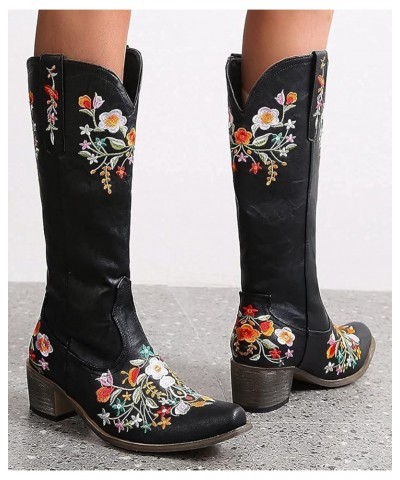 Cowboy Boots for Women Rhinestone Embroidered Square Toe Pull-On Cowgirl Stacked Chunky Heel Knee High Western Boots Black-fl...