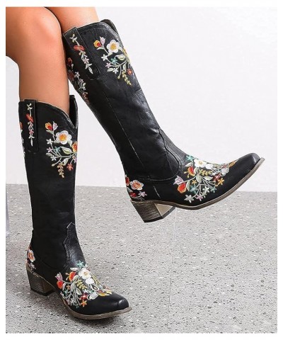 Cowboy Boots for Women Rhinestone Embroidered Square Toe Pull-On Cowgirl Stacked Chunky Heel Knee High Western Boots Black-fl...