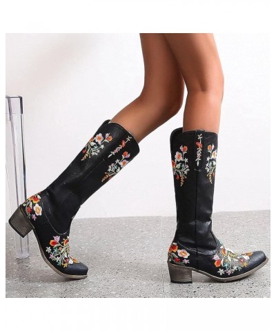 Cowboy Boots for Women Rhinestone Embroidered Square Toe Pull-On Cowgirl Stacked Chunky Heel Knee High Western Boots Black-fl...