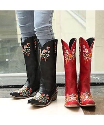 Cowboy Boots for Women Rhinestone Embroidered Square Toe Pull-On Cowgirl Stacked Chunky Heel Knee High Western Boots Black-fl...