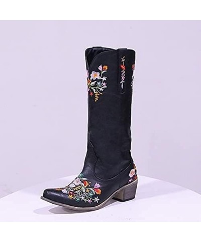 Cowboy Boots for Women Rhinestone Embroidered Square Toe Pull-On Cowgirl Stacked Chunky Heel Knee High Western Boots Black-fl...