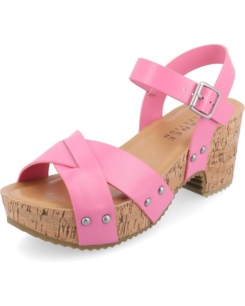 Womens Crisscross Studded Chunky Block Cork Heel Buckle Ankle Strap Open Round Toe Valentina Platform Pink $31.19 Sandals