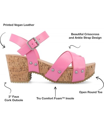 Womens Crisscross Studded Chunky Block Cork Heel Buckle Ankle Strap Open Round Toe Valentina Platform Pink $31.19 Sandals