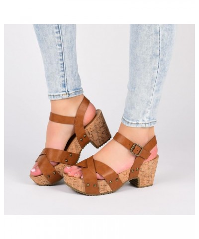 Womens Crisscross Studded Chunky Block Cork Heel Buckle Ankle Strap Open Round Toe Valentina Platform Pink $31.19 Sandals