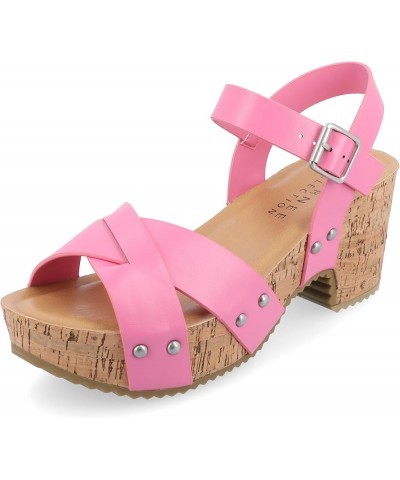 Womens Crisscross Studded Chunky Block Cork Heel Buckle Ankle Strap Open Round Toe Valentina Platform Pink $31.19 Sandals