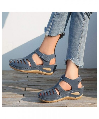 Hollow Closed Toe Sandals for Women, Soft PU Leather Vintage Summer Casual Non-Slip Beach Platform Shoes Sandals (Blue,7) Bro...