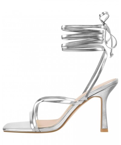 Women's Square Toe Lace Up Strappy Stilettos High Heeled Sandals Silver $20.46 Sandals