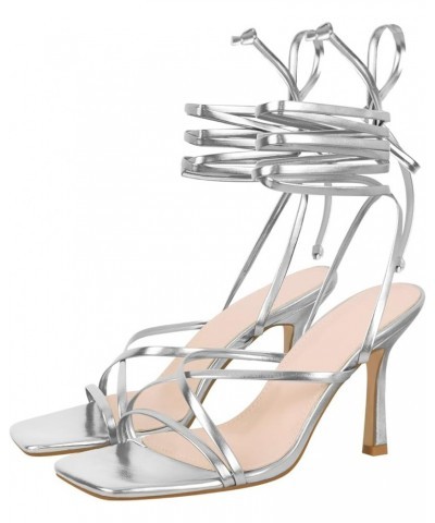 Women's Square Toe Lace Up Strappy Stilettos High Heeled Sandals Silver $20.46 Sandals