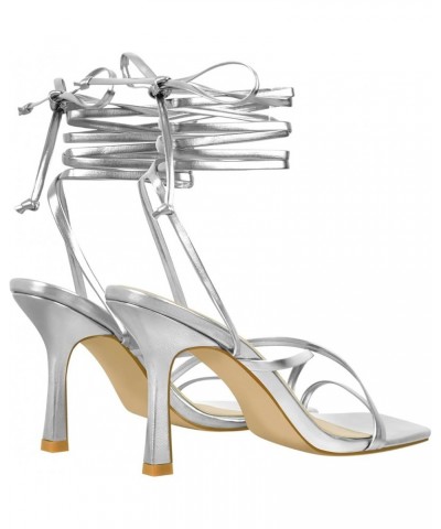 Women's Square Toe Lace Up Strappy Stilettos High Heeled Sandals Silver $20.46 Sandals