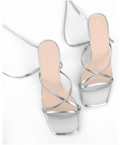 Women's Square Toe Lace Up Strappy Stilettos High Heeled Sandals Silver $20.46 Sandals