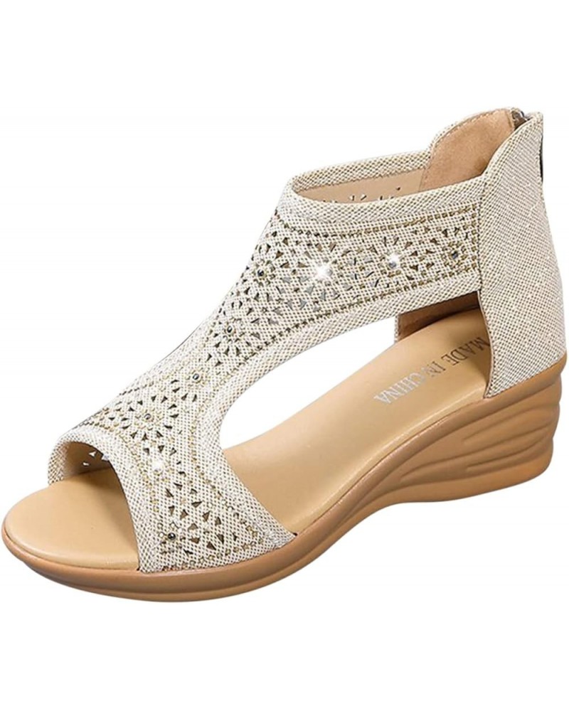 Women's Open Toe Sandals Wedge Zipper Sandals Ladies Back Rhinestone Platform Shoes Sandals Roman Women's Beige $20.46 Sandals