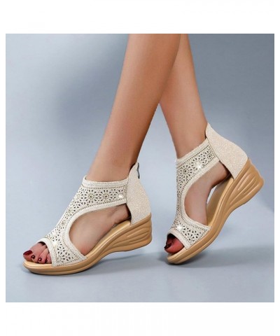 Women's Open Toe Sandals Wedge Zipper Sandals Ladies Back Rhinestone Platform Shoes Sandals Roman Women's Beige $20.46 Sandals