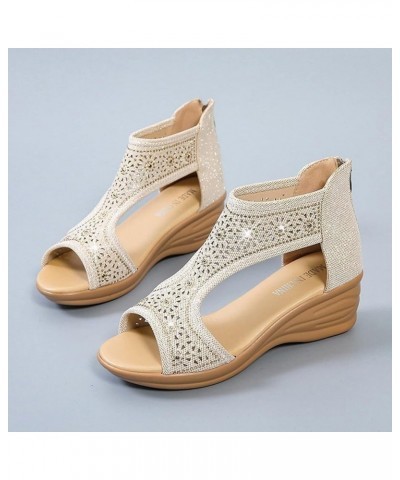 Women's Open Toe Sandals Wedge Zipper Sandals Ladies Back Rhinestone Platform Shoes Sandals Roman Women's Beige $20.46 Sandals