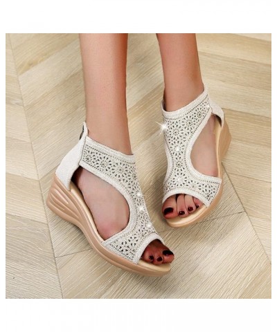 Women's Open Toe Sandals Wedge Zipper Sandals Ladies Back Rhinestone Platform Shoes Sandals Roman Women's Beige $20.46 Sandals