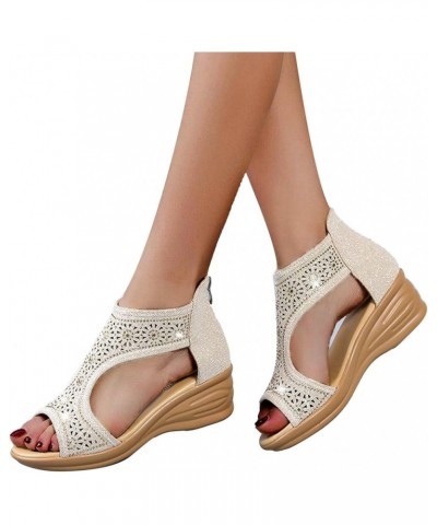 Women's Open Toe Sandals Wedge Zipper Sandals Ladies Back Rhinestone Platform Shoes Sandals Roman Women's Beige $20.46 Sandals