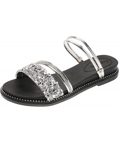 Rhinestone Decorative Flat Sandals for Women Dressy Ladies Fashion Summer Slip On Buckle Fish Mouth Flat Sandals Silver 7 $18...