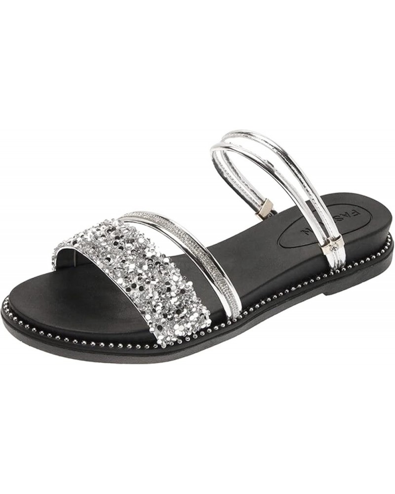 Rhinestone Decorative Flat Sandals for Women Dressy Ladies Fashion Summer Slip On Buckle Fish Mouth Flat Sandals Silver 7 $18...