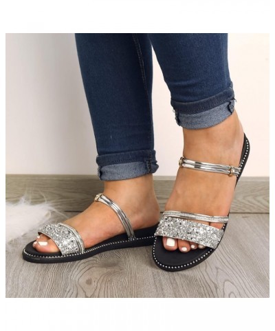 Rhinestone Decorative Flat Sandals for Women Dressy Ladies Fashion Summer Slip On Buckle Fish Mouth Flat Sandals Silver 7 $18...