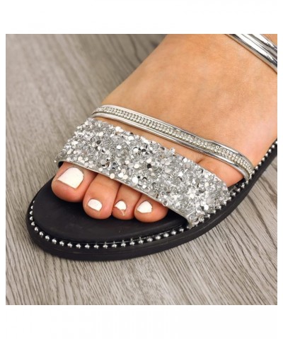 Rhinestone Decorative Flat Sandals for Women Dressy Ladies Fashion Summer Slip On Buckle Fish Mouth Flat Sandals Silver 7 $18...