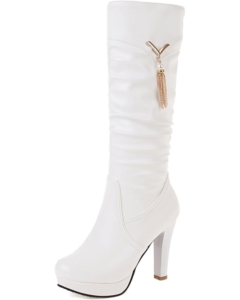 Women Block Heel Mid Calf Boots, Slouch Boots Round Toe High Heel Long Boots Zip With Platform Bows, Size 2-10 White-2 $29.30...