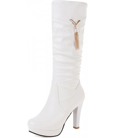 Women Block Heel Mid Calf Boots, Slouch Boots Round Toe High Heel Long Boots Zip With Platform Bows, Size 2-10 White-2 $29.30...