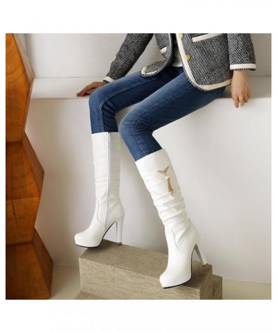 Women Block Heel Mid Calf Boots, Slouch Boots Round Toe High Heel Long Boots Zip With Platform Bows, Size 2-10 White-2 $29.30...