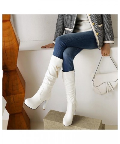 Women Block Heel Mid Calf Boots, Slouch Boots Round Toe High Heel Long Boots Zip With Platform Bows, Size 2-10 White-2 $29.30...