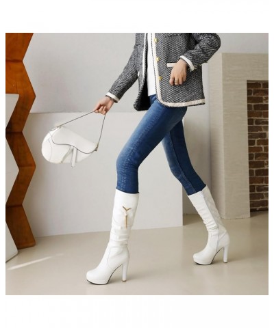 Women Block Heel Mid Calf Boots, Slouch Boots Round Toe High Heel Long Boots Zip With Platform Bows, Size 2-10 White-2 $29.30...