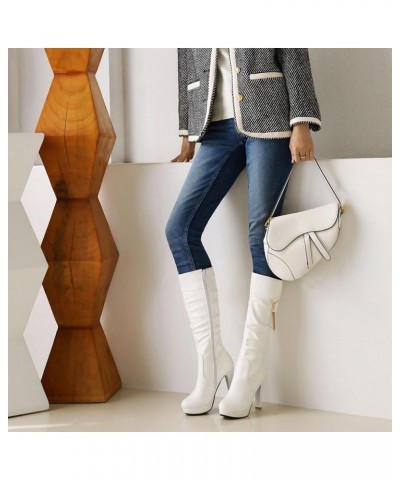 Women Block Heel Mid Calf Boots, Slouch Boots Round Toe High Heel Long Boots Zip With Platform Bows, Size 2-10 White-2 $29.30...