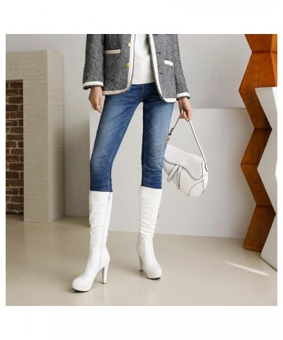 Women Block Heel Mid Calf Boots, Slouch Boots Round Toe High Heel Long Boots Zip With Platform Bows, Size 2-10 White-2 $29.30...