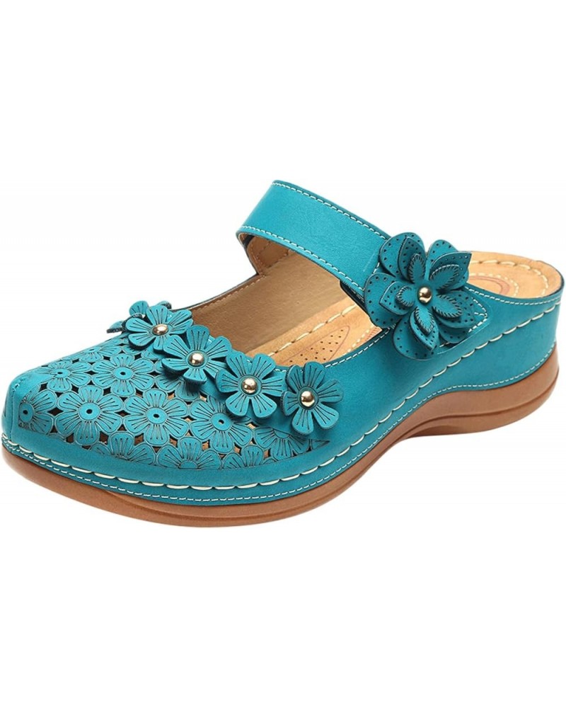 Women Solid Hollow Out Leather Wedge Sandals Comfortable Round Toe Slip on Wedges Slippers for Women Ladies Girls Sky Blue $1...