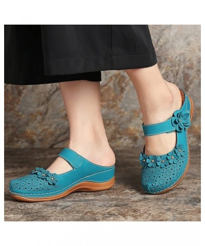 Women Solid Hollow Out Leather Wedge Sandals Comfortable Round Toe Slip on Wedges Slippers for Women Ladies Girls Sky Blue $1...